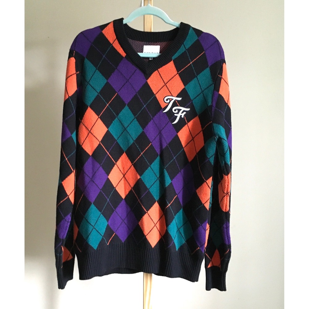 Teddy Fresh Mens Argyle V-Neck Sweater Black Orange Purple Teal Size M